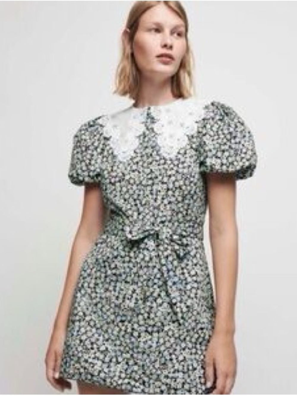 Maje Green Floral Puff-Sleeve Mini Dress with White Lace Collar